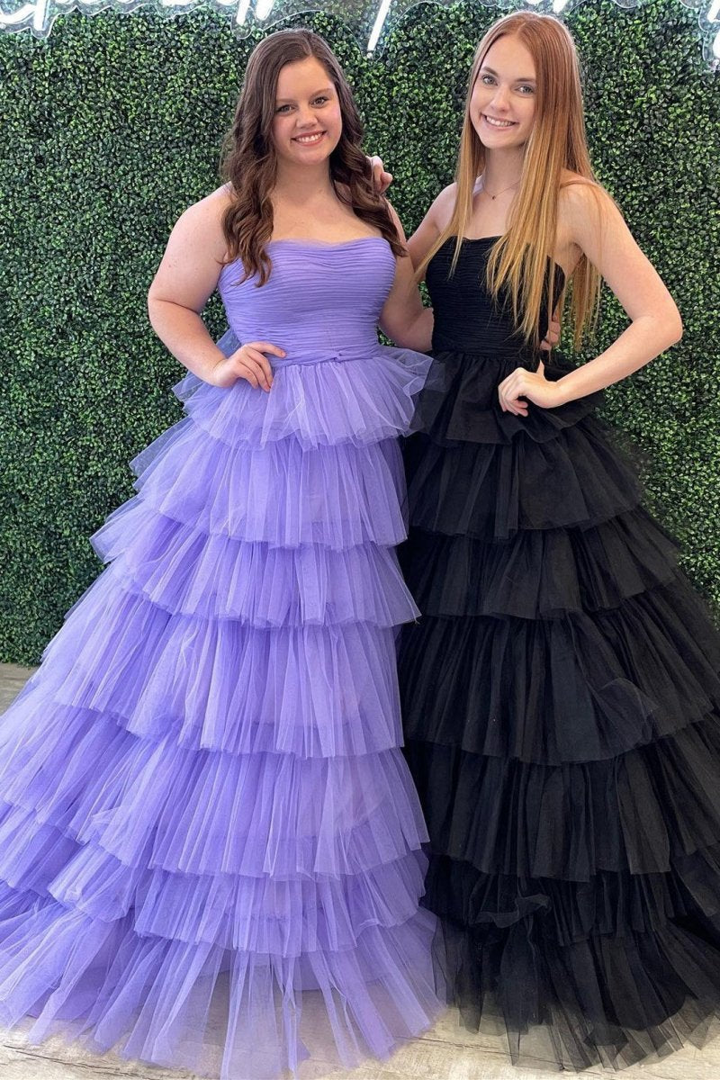 A-line Strapless Tie Tulle Prom Dresses with Ruffles
