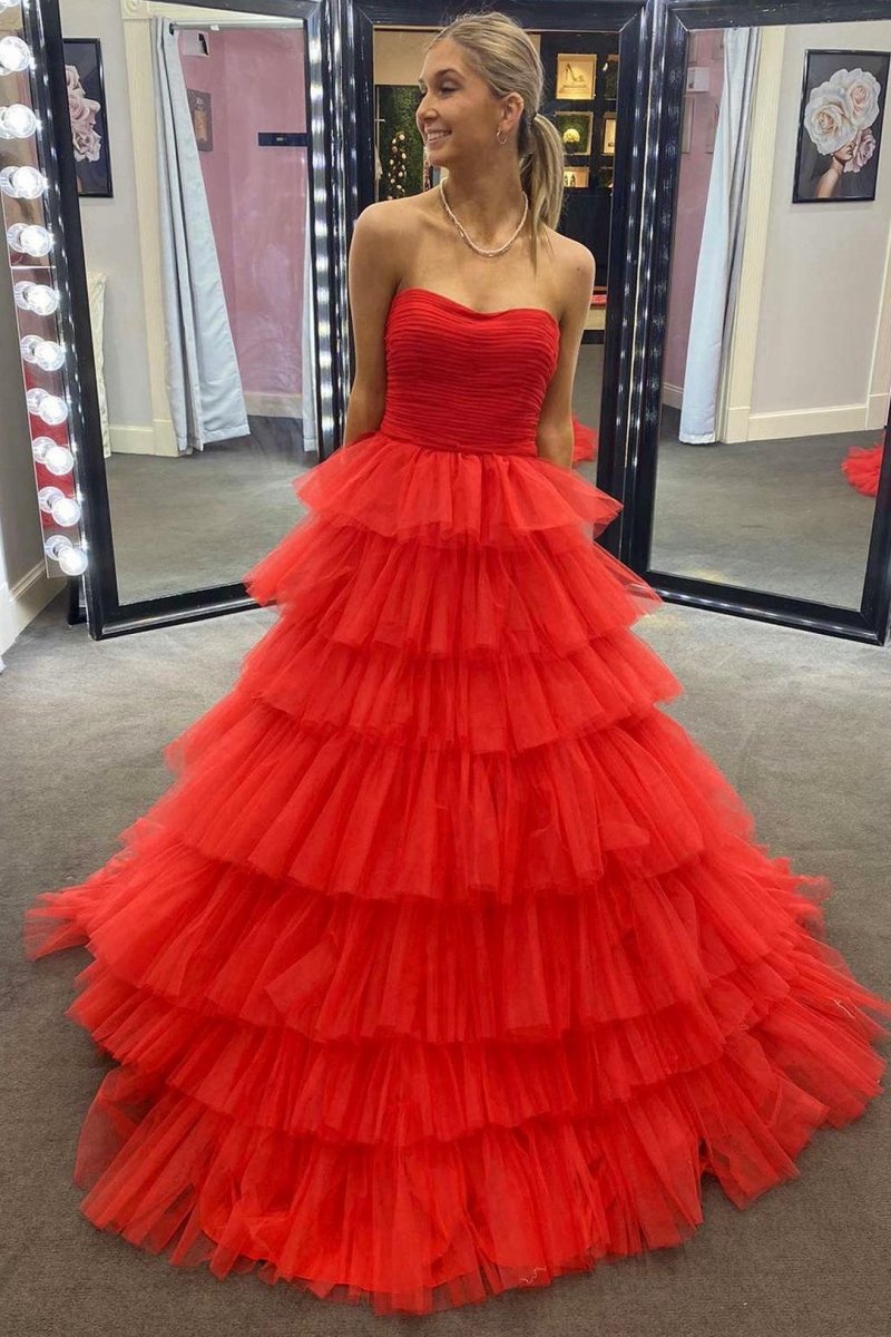 A-line Strapless Tie Tulle Prom Dresses with Ruffles