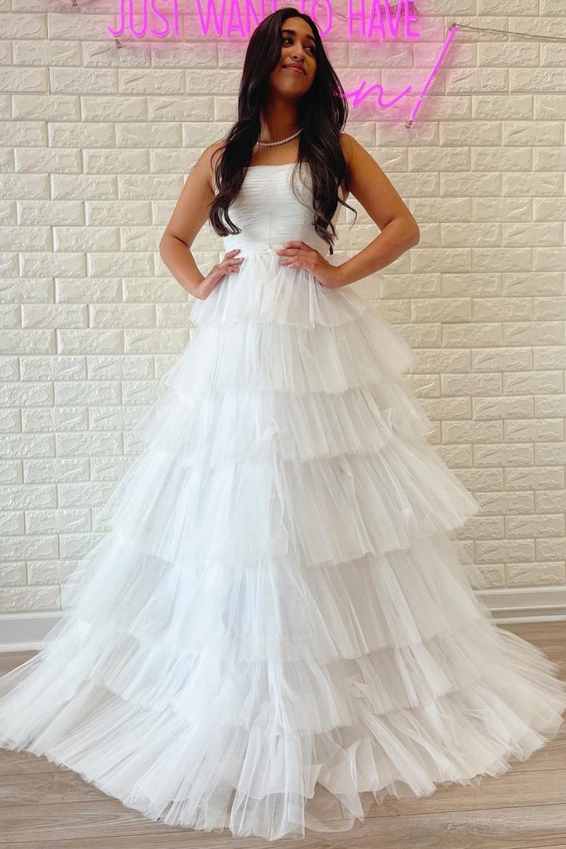 A-line Strapless Tie Tulle Prom Dresses with Ruffles