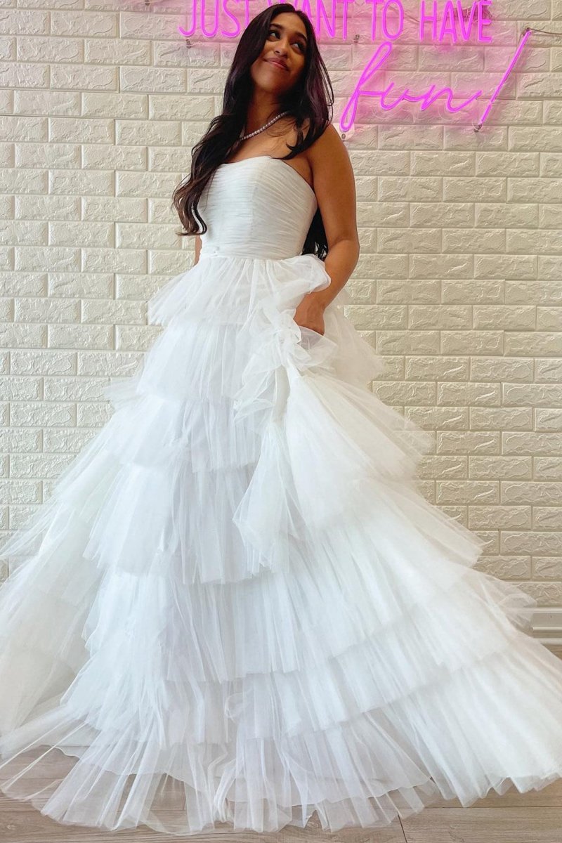 A-line Strapless Tie Tulle Prom Dresses with Ruffles