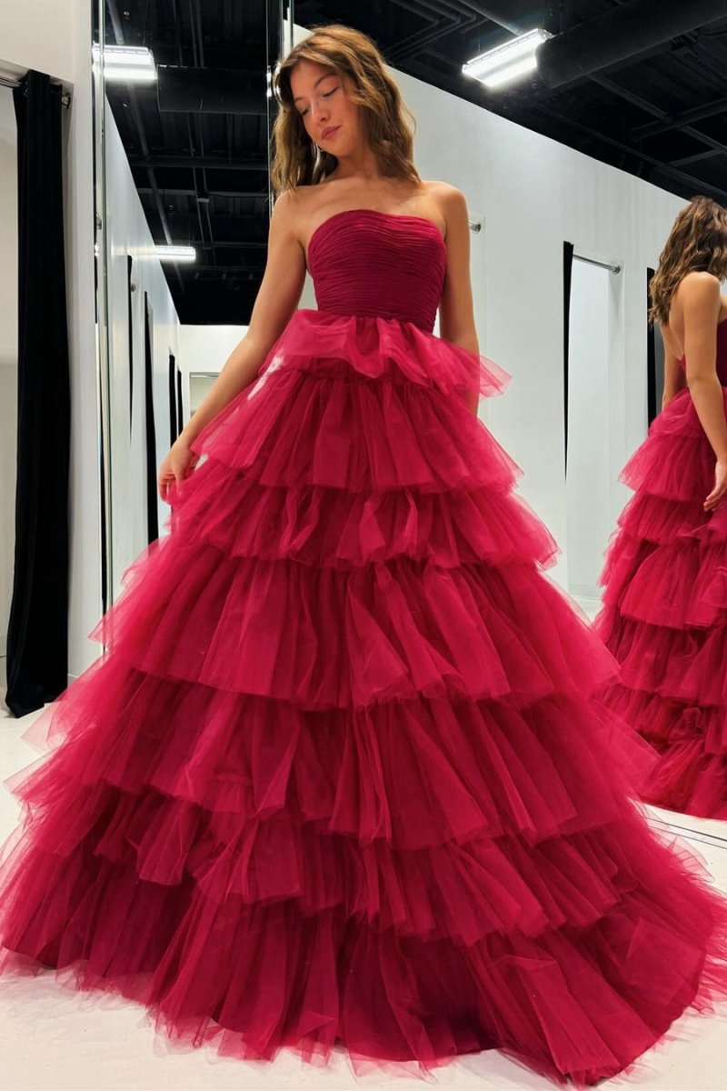 A-line Strapless Tie Tulle Prom Dresses with Ruffles