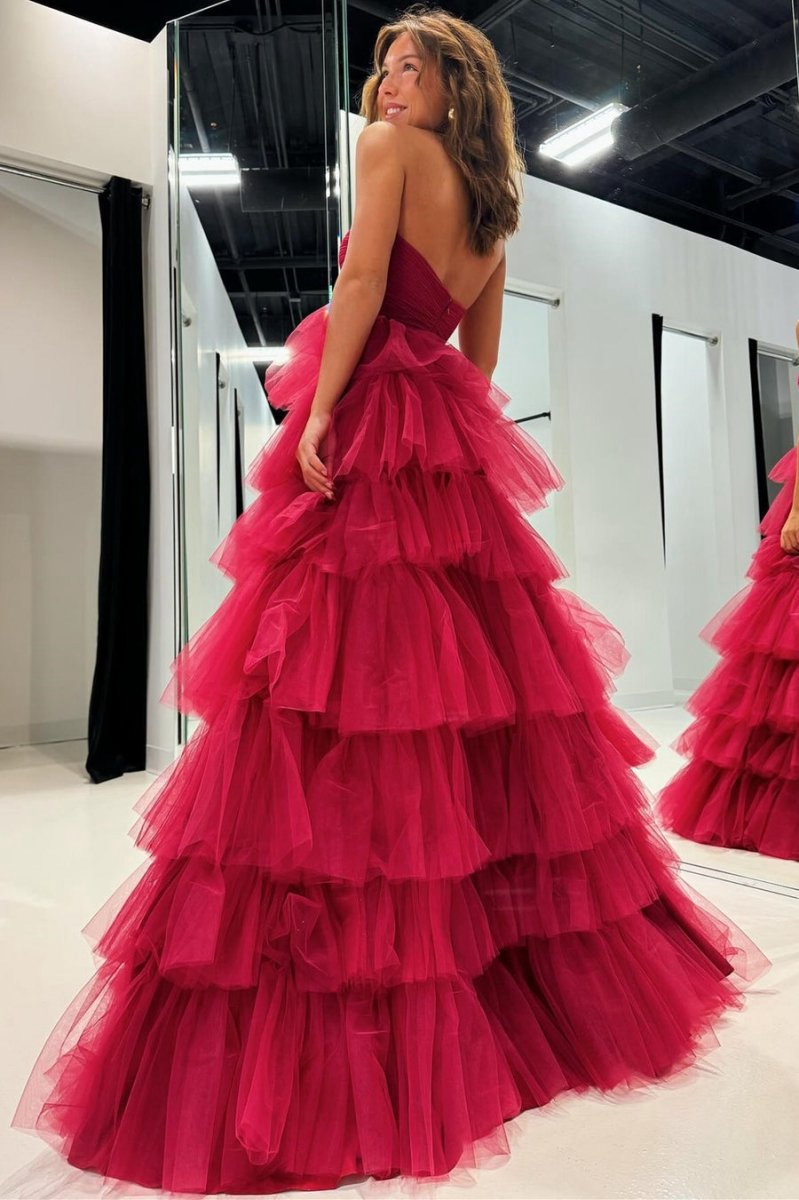 A-line Strapless Tie Tulle Prom Dresses with Ruffles