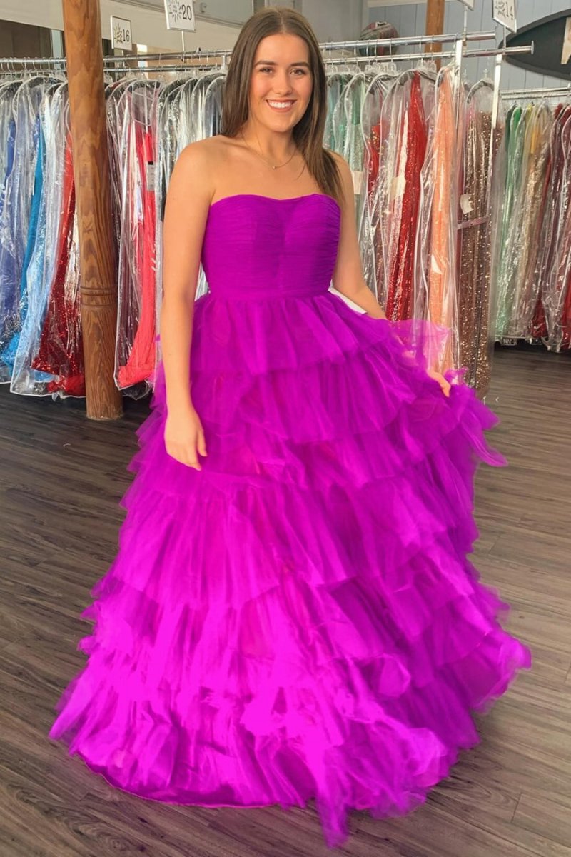 A-line Strapless Tie Tulle Prom Dresses with Ruffles