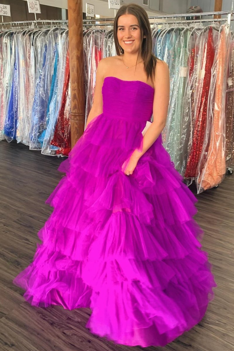 A-line Strapless Tie Tulle Prom Dresses with Ruffles