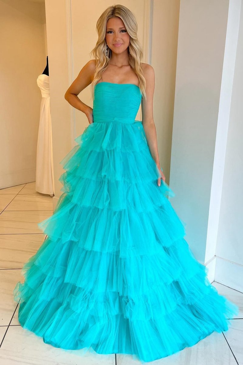 A-line Strapless Tie Tulle Prom Dresses with Ruffles