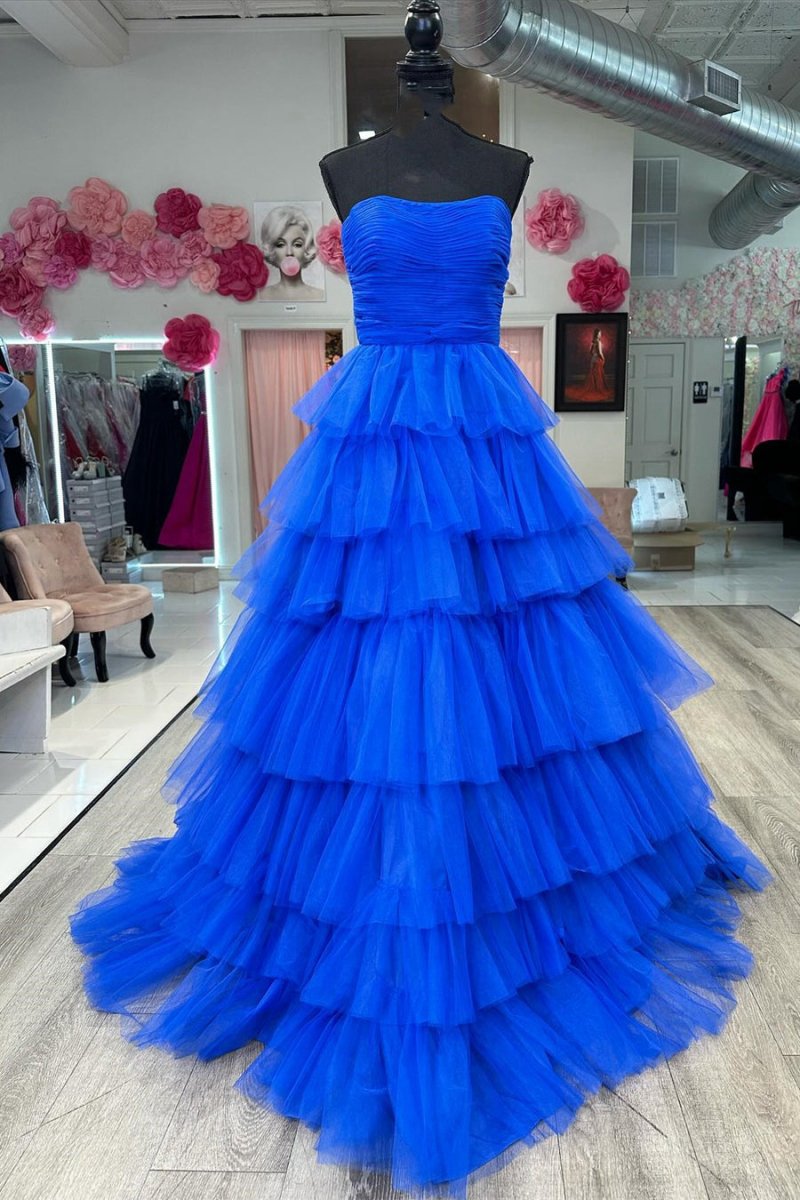 A-line Strapless Tie Tulle Prom Dresses with Ruffles