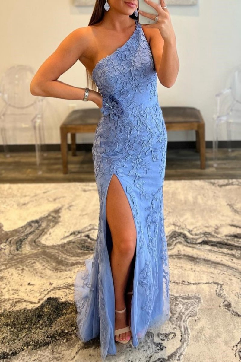 Mermaid One Shoulder Lace Long Prom Dresses with Slit