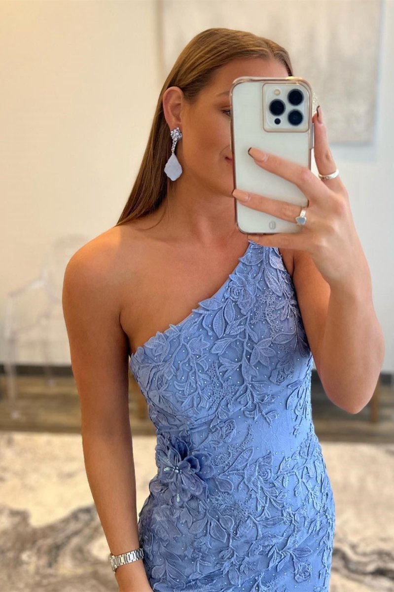 Mermaid One Shoulder Lace Long Prom Dresses with Slit
