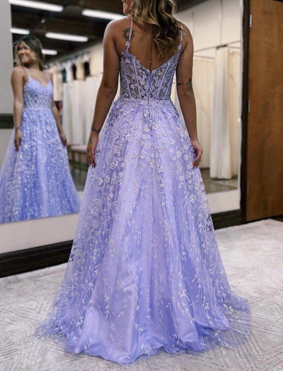 A-line Spaghetti Straps Corset Prom Dresses with Appliques