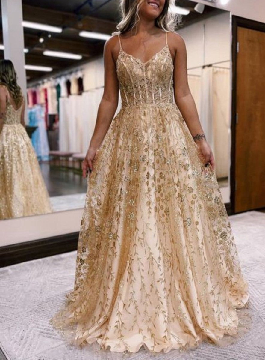 A-line Spaghetti Straps Corset Prom Dresses with Appliques