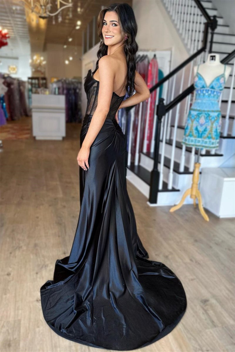 Strapless Pleated Boning Sheer Long Prom Dresses with Slit