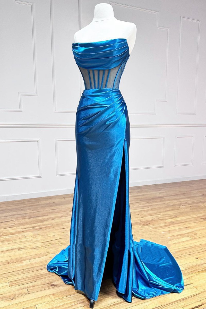 Strapless Pleated Boning Sheer Long Prom Dresses with Slit