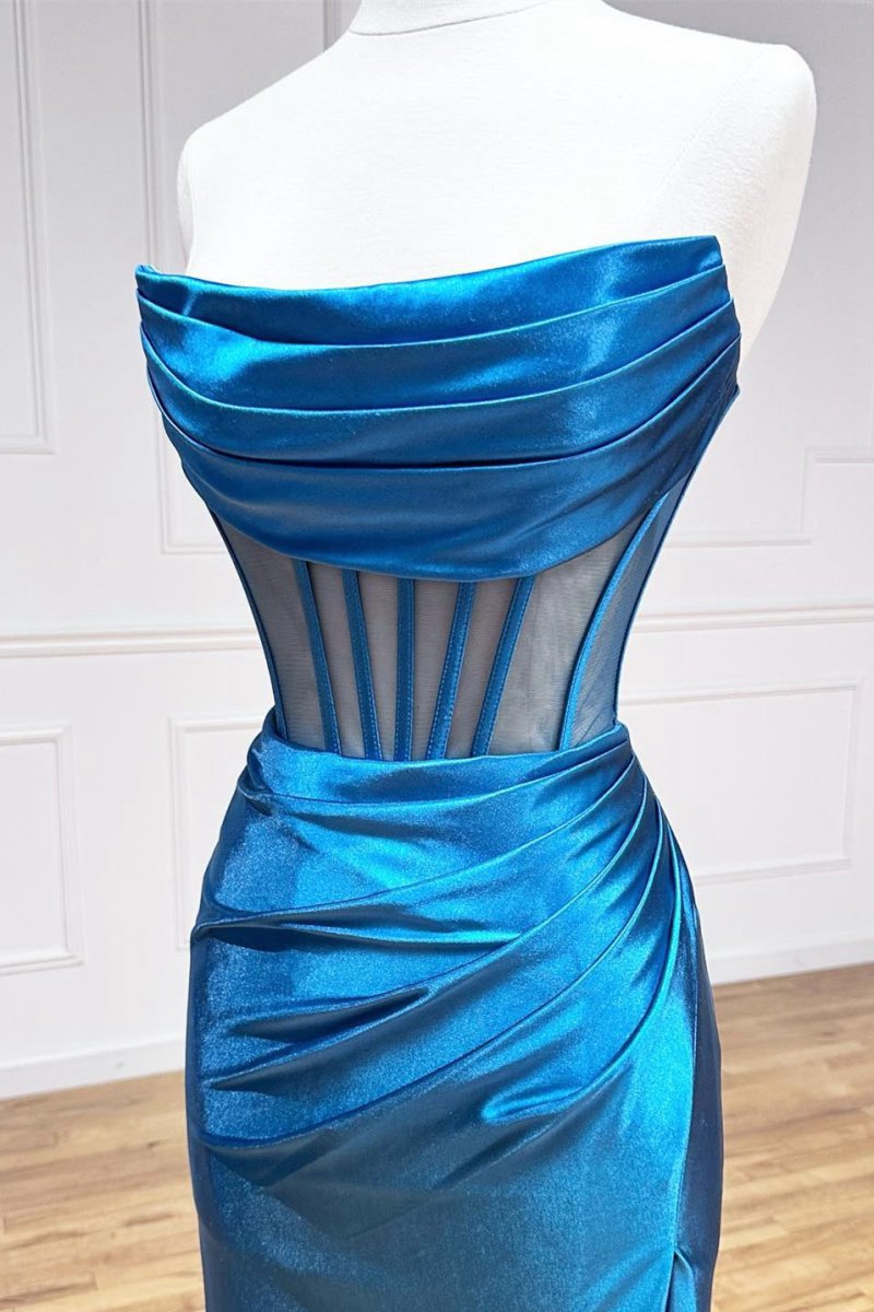 Strapless Pleated Boning Sheer Long Prom Dresses with Slit