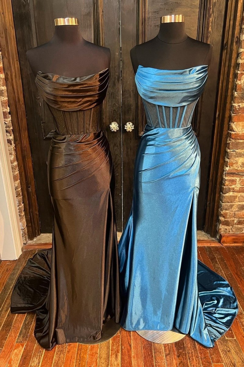 Strapless Pleated Boning Sheer Long Prom Dresses with Slit