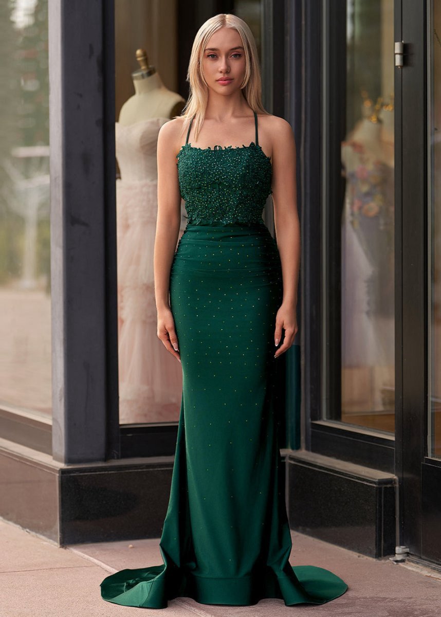 Mermaid Spaghetti Straps Long Prom Dresses with Appliques