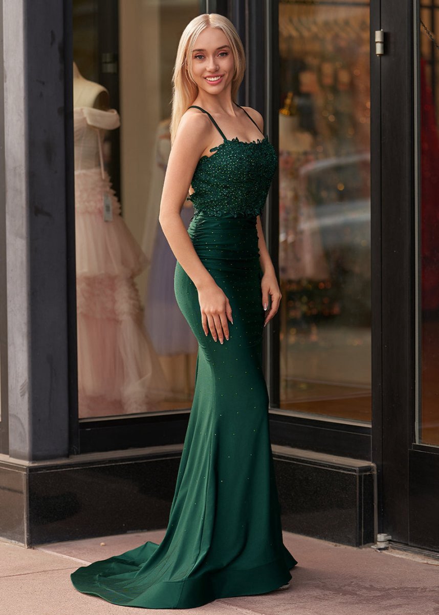 Mermaid Spaghetti Straps Long Prom Dresses with Appliques