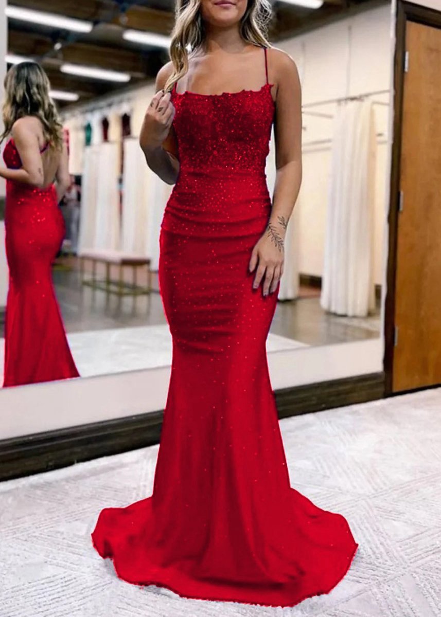 Mermaid Spaghetti Straps Long Prom Dresses with Appliques
