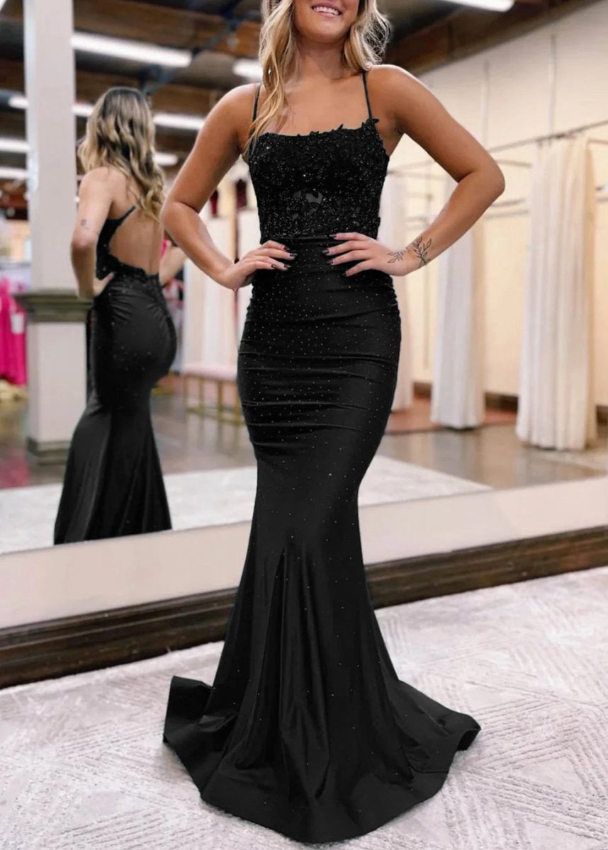 Mermaid Spaghetti Straps Long Prom Dresses with Appliques