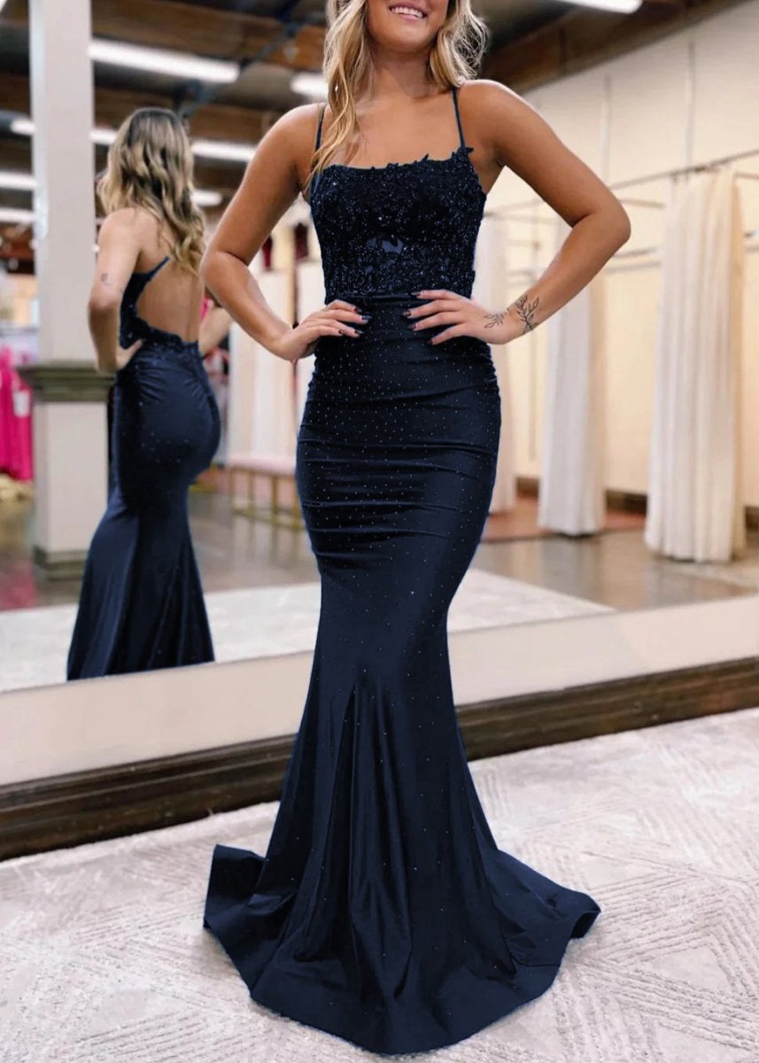 Mermaid Spaghetti Straps Long Prom Dresses with Appliques