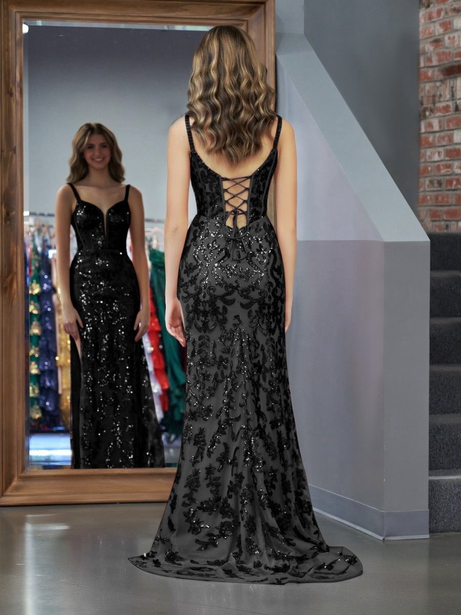 Sparkly Sheath Sequins Long Prom Dresses with Slit