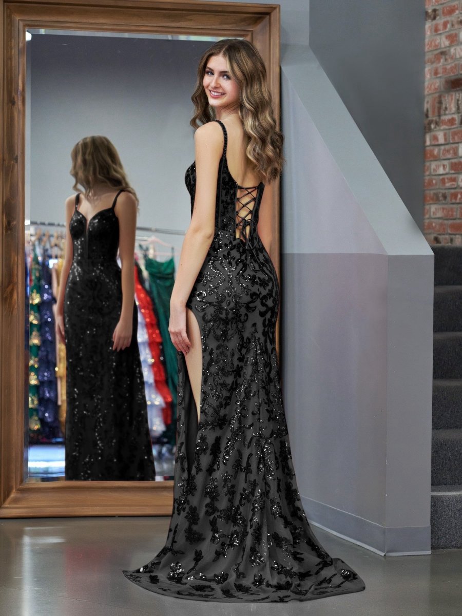 Sparkly Sheath Sequins Long Prom Dresses with Slit