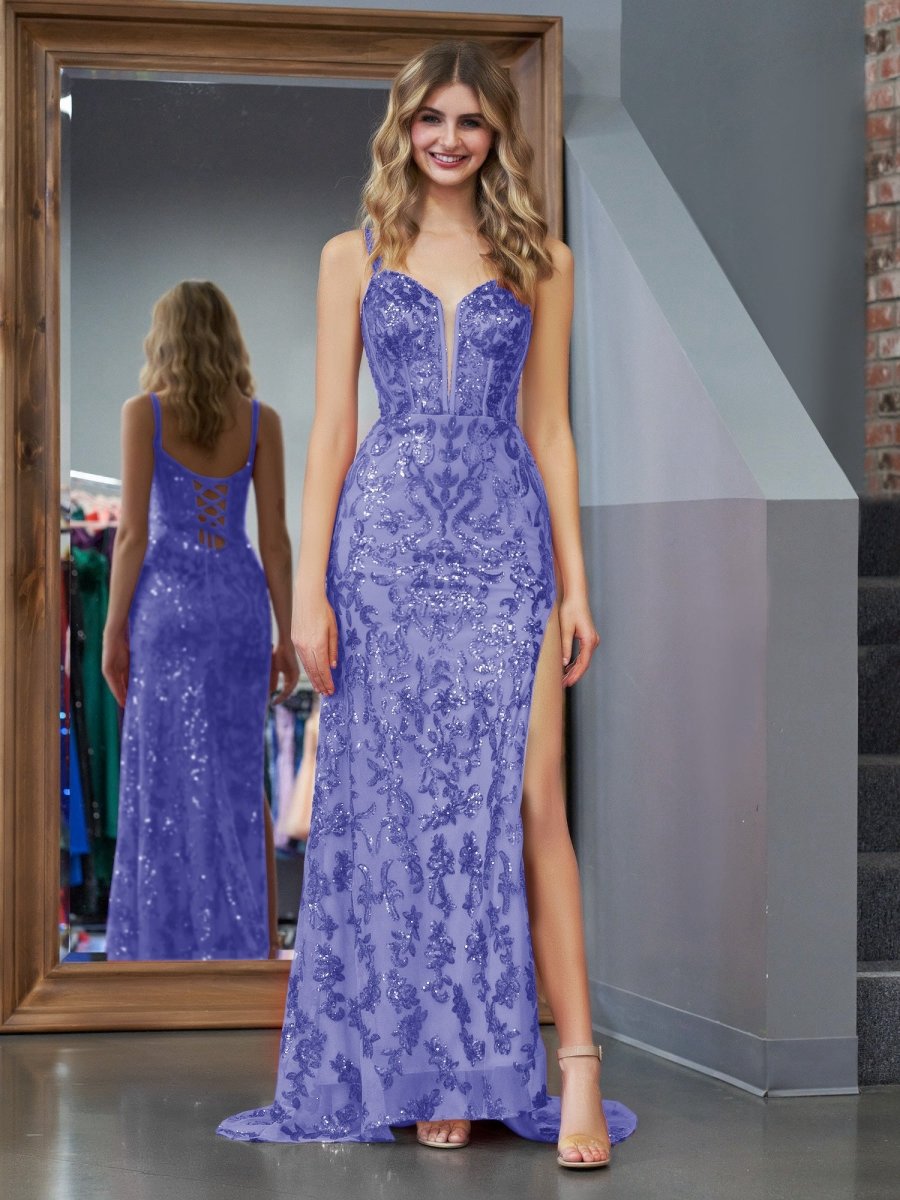 Sparkly Sheath Sequins Long Prom Dresses with Slit