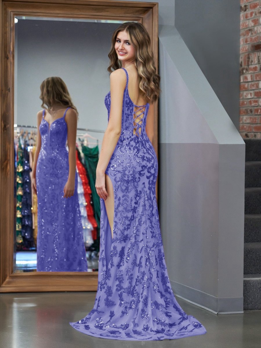Sparkly Sheath Sequins Long Prom Dresses with Slit