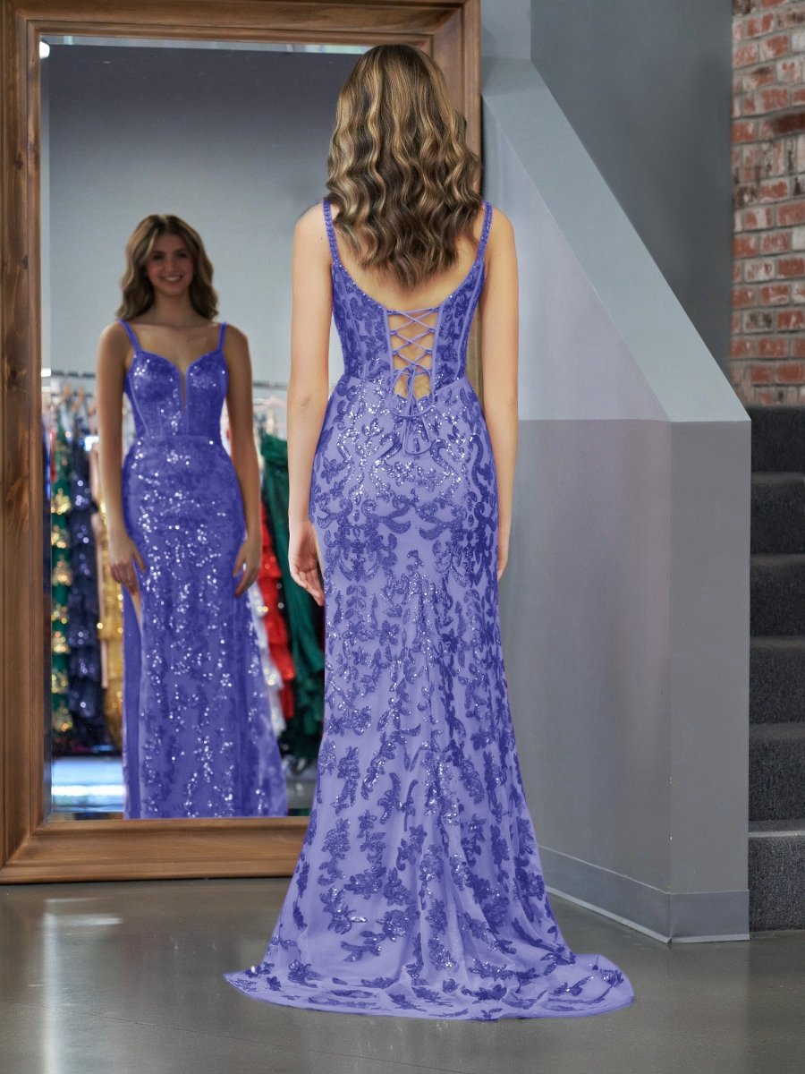 Sparkly Sheath Sequins Long Prom Dresses with Slit