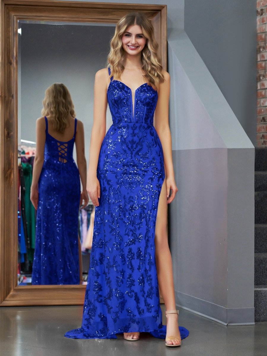 Sparkly Sheath Sequins Long Prom Dresses with Slit