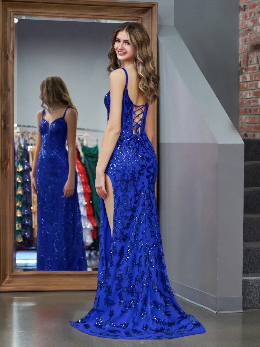 Sparkly Sheath Sequins Long Prom Dresses with Slit