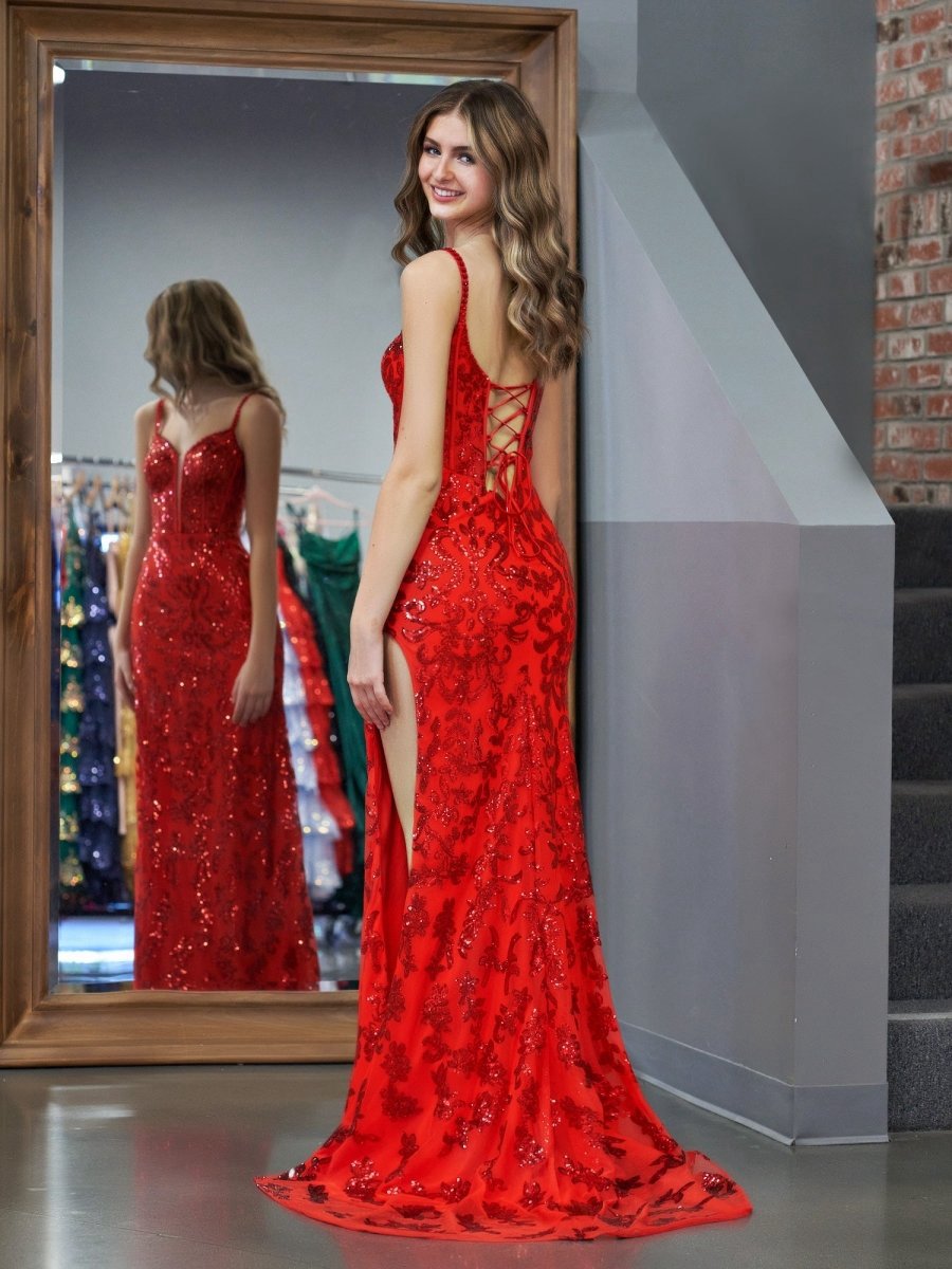 Sparkly Sheath Sequins Long Prom Dresses with Slit
