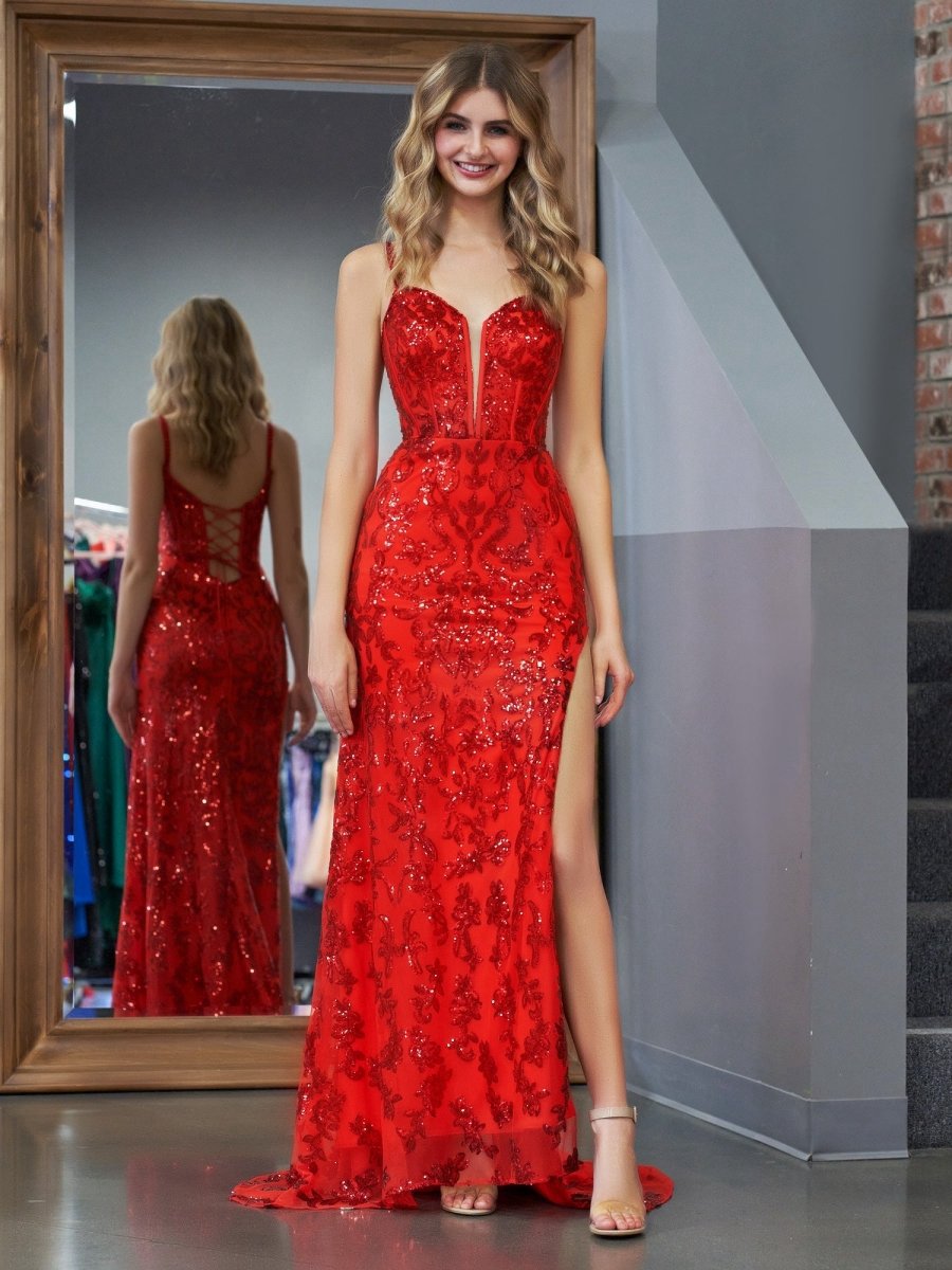 Sparkly Sheath Sequins Long Prom Dresses with Slit