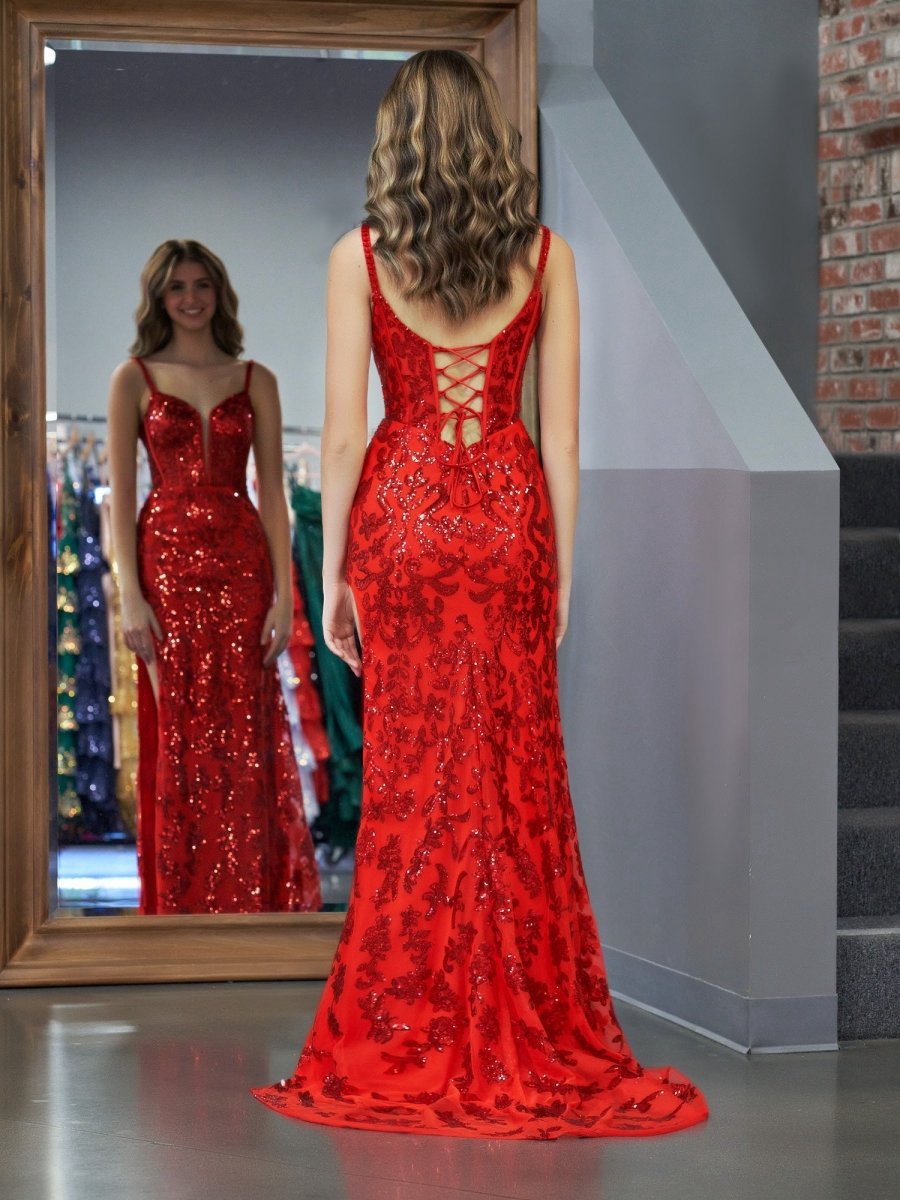 Sparkly Sheath Sequins Long Prom Dresses with Slit