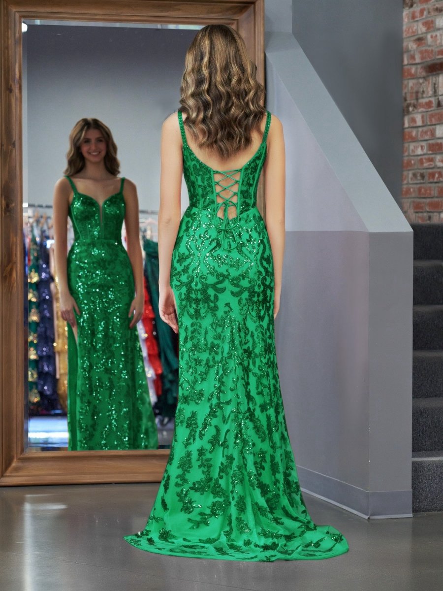 Sparkly Sheath Sequins Long Prom Dresses with Slit