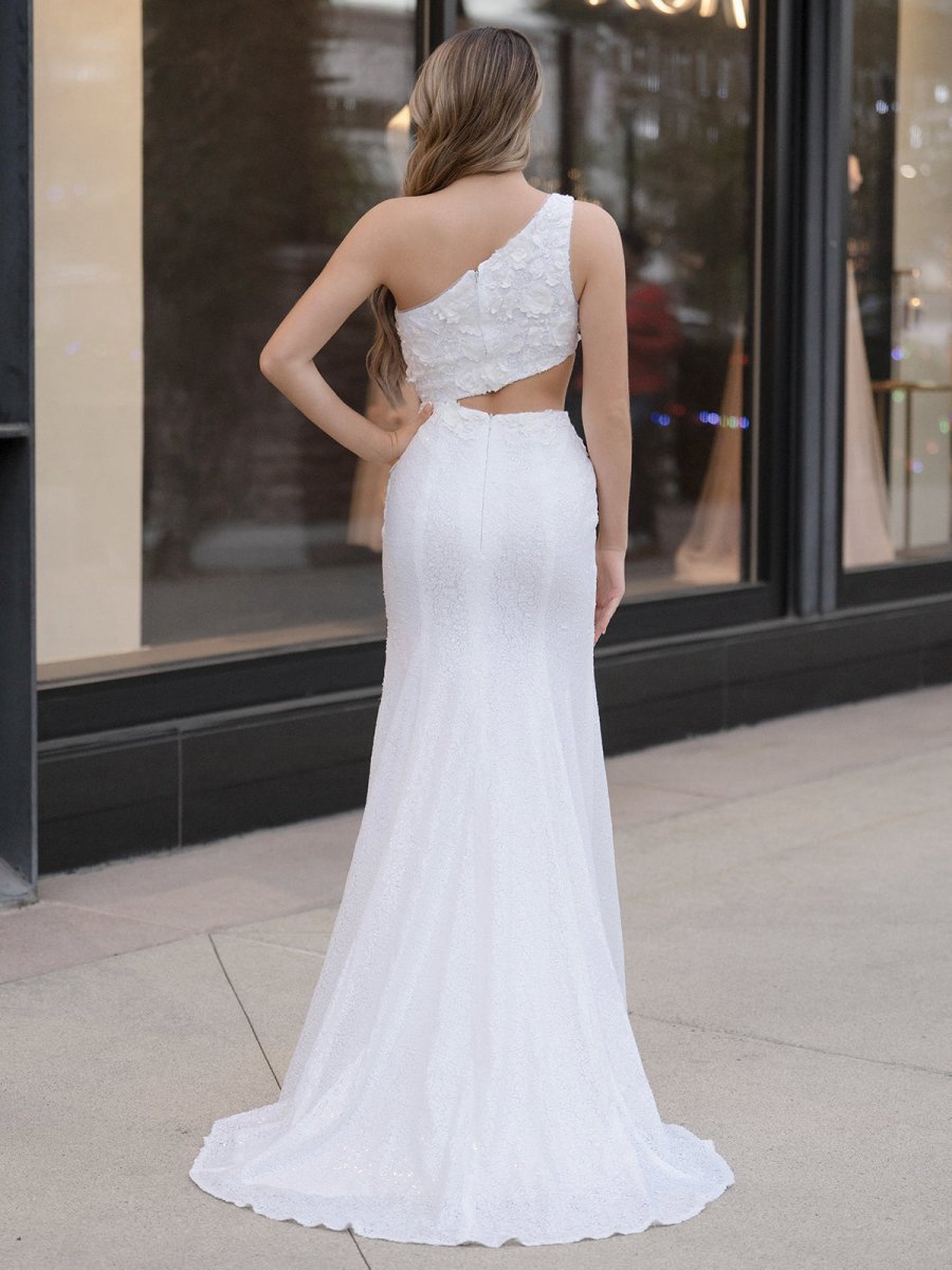 Sheath One Shoulder Sequins Prom Dresses with 3D Appliques