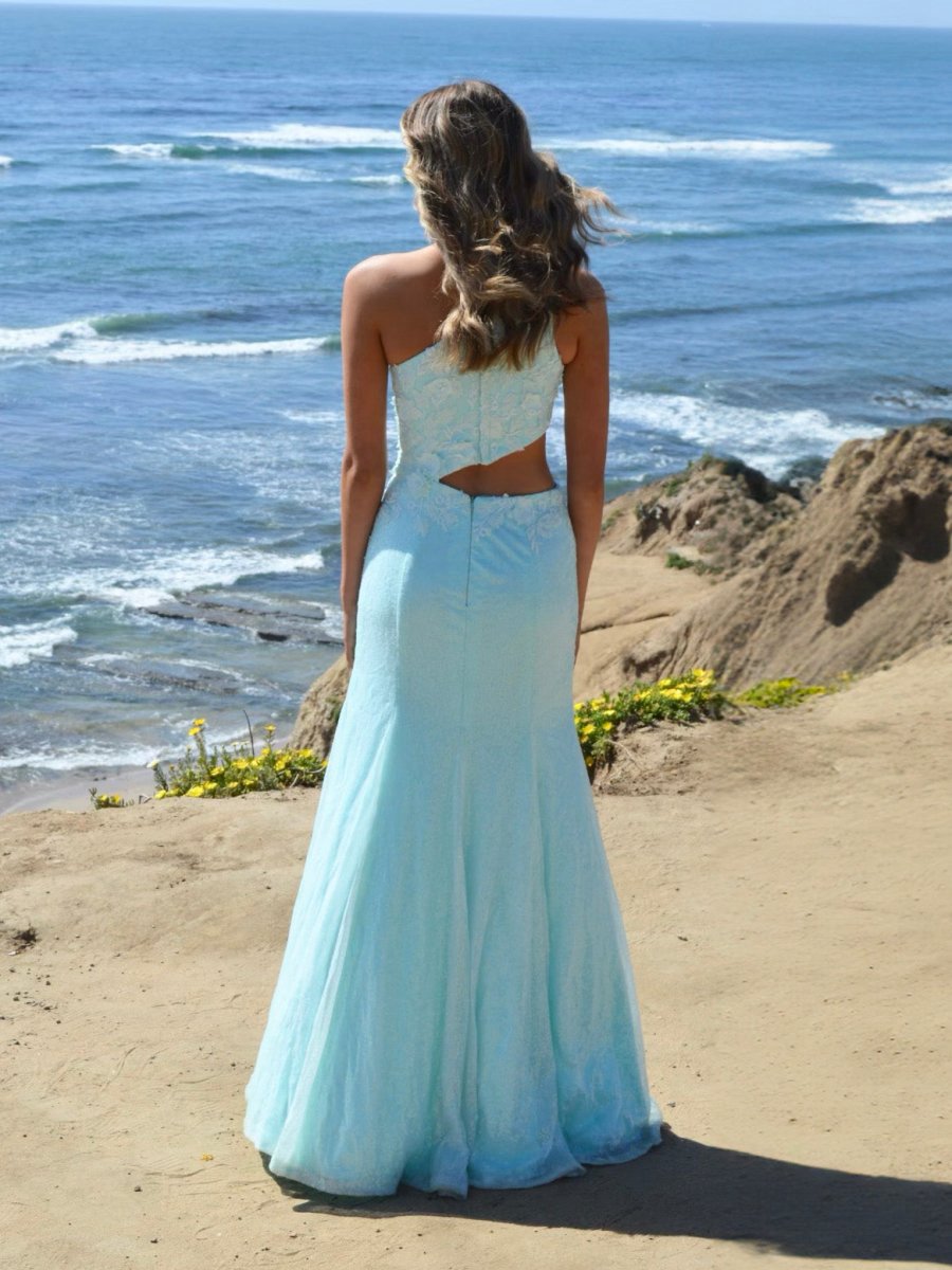 Sheath One Shoulder Sequins Prom Dresses with 3D Appliques
