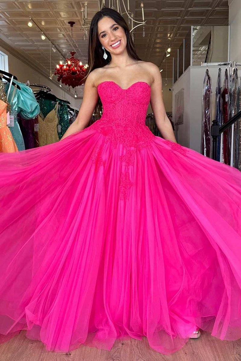 A-line Tulle Lace StraplessLong Prom Dresses