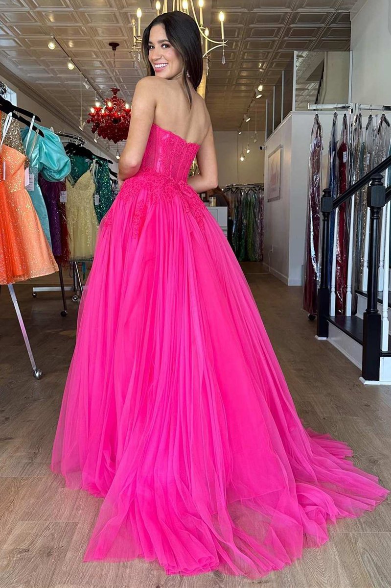 A-line Tulle Lace StraplessLong Prom Dresses