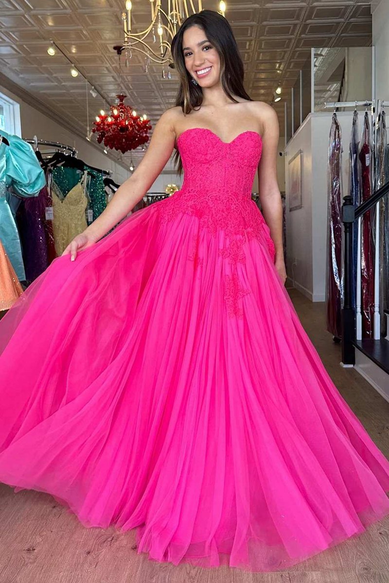 A-line Tulle Lace StraplessLong Prom Dresses