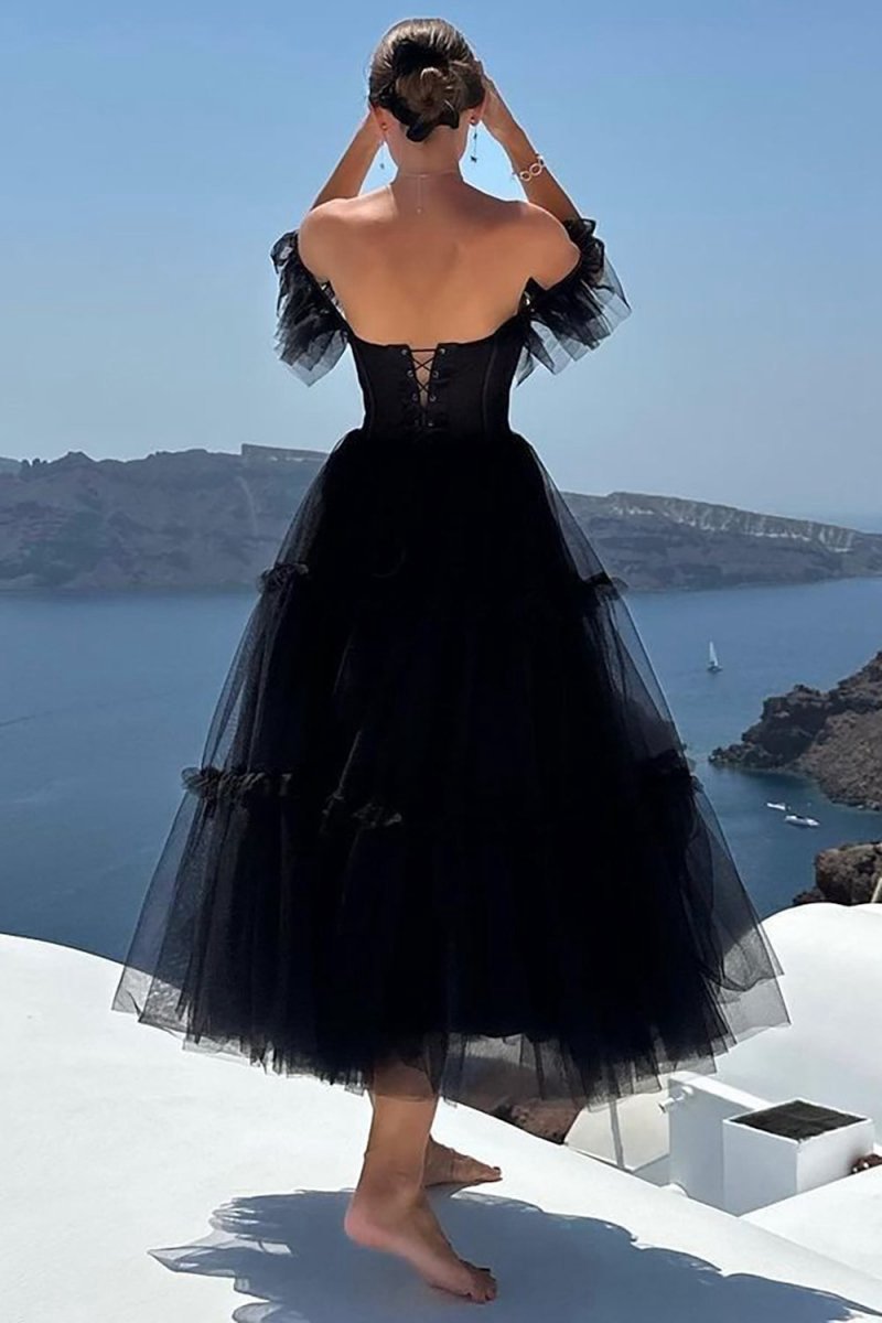 A-line Corset Ruffled Tulle Prom Dresses
