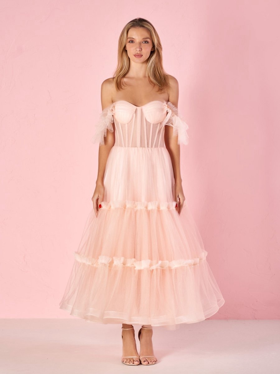 A-line Corset Ruffled Tulle Prom Dresses