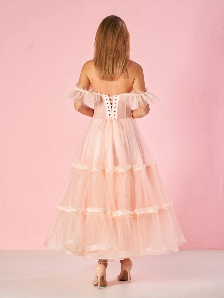 A-line Corset Ruffled Tulle Prom Dresses