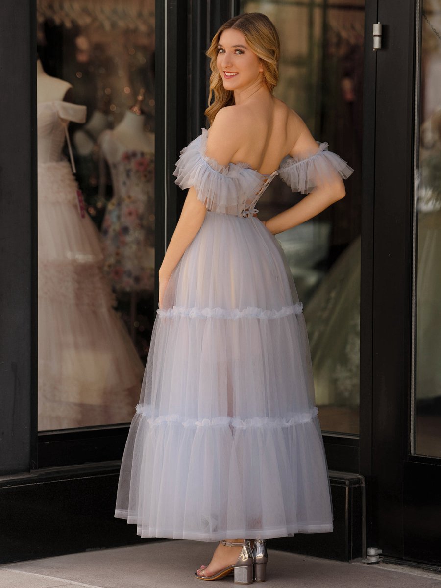 A-line Corset Ruffled Tulle Prom Dresses