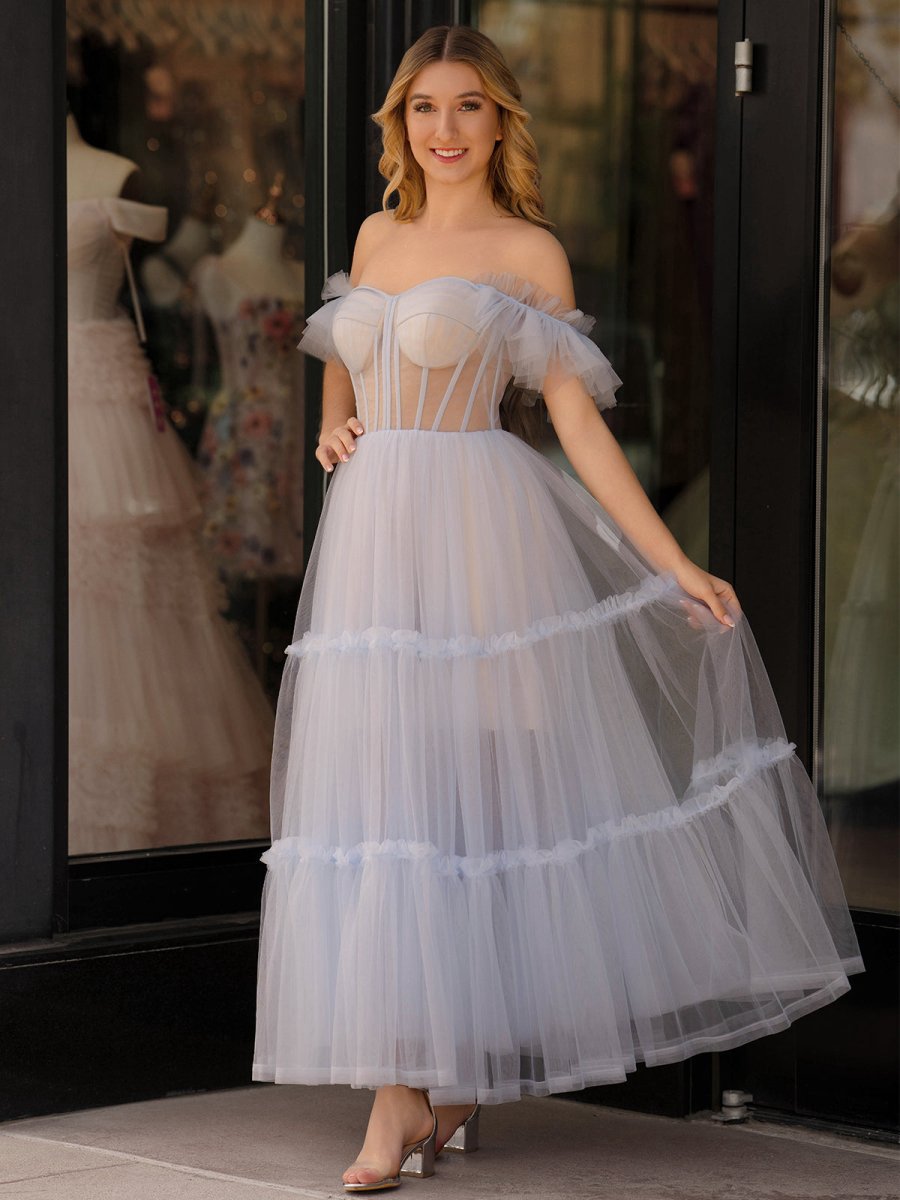 A-line Corset Ruffled Tulle Prom Dresses