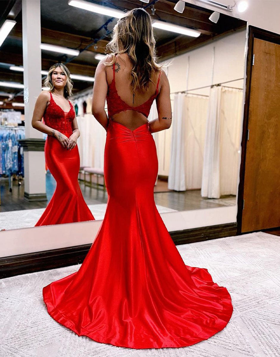 Mermaid Deep V Neck Satin Long Prom Dresses with Appliques