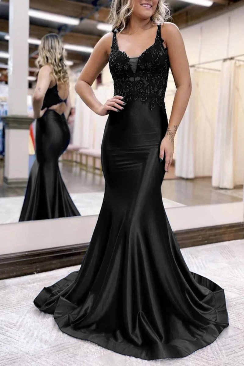 Mermaid Deep V Neck Satin Long Prom Dresses with Appliques