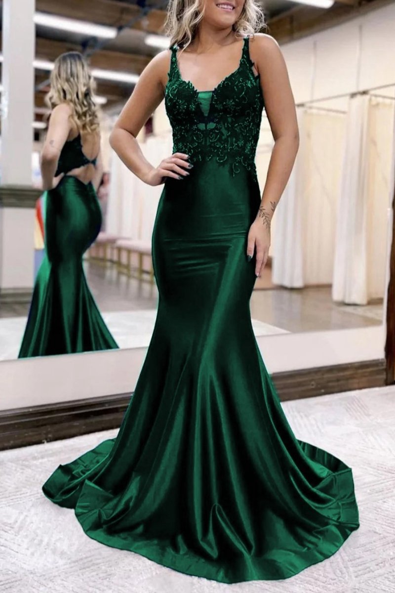 Mermaid Deep V Neck Satin Long Prom Dresses with Appliques