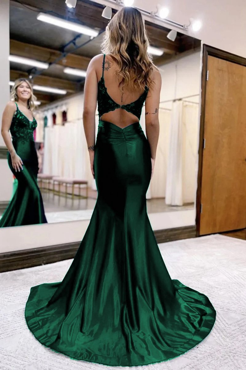 Mermaid Deep V Neck Satin Long Prom Dresses with Appliques