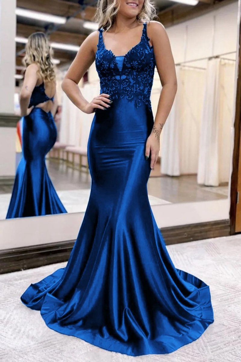 Mermaid Deep V Neck Satin Long Prom Dresses with Appliques