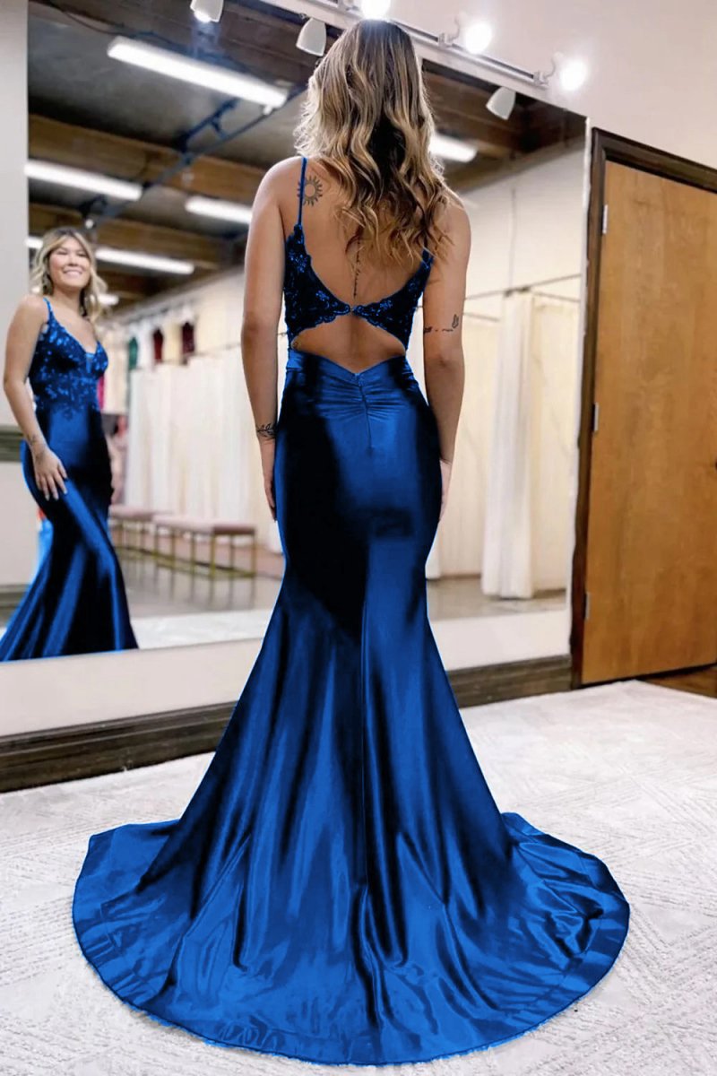 Mermaid Deep V Neck Satin Long Prom Dresses with Appliques